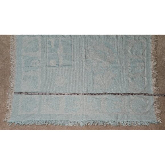 VTG Blue White  Knit Baby Blanket Acrylic Fringe Sleeping Teddy Bear Train Ball - Picture 8 of 10